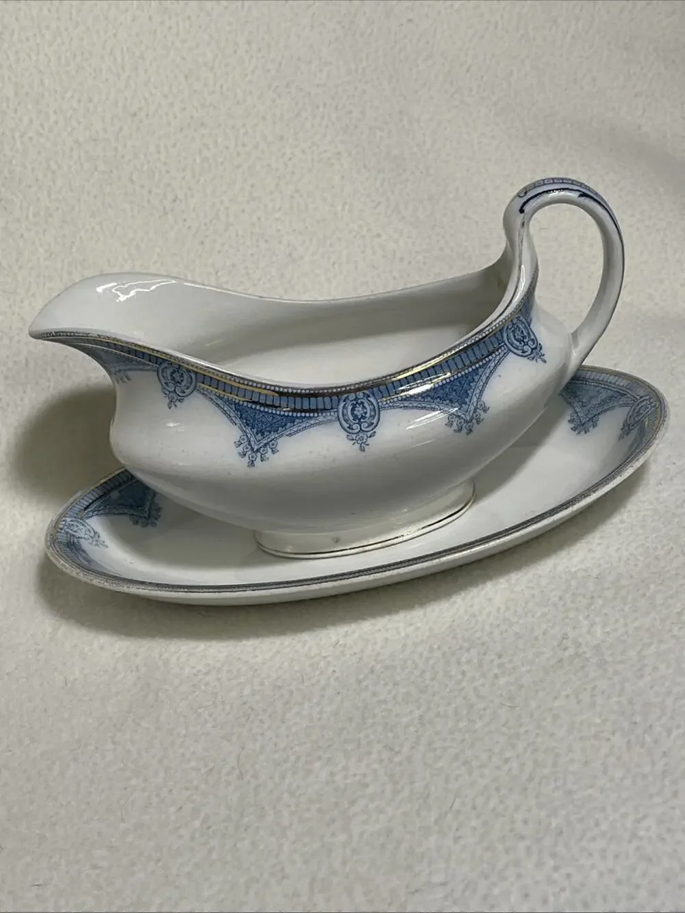 J & G Meakin Ipswich Gravy Boat and Plate - Blue, White and Gold Hanley, England
